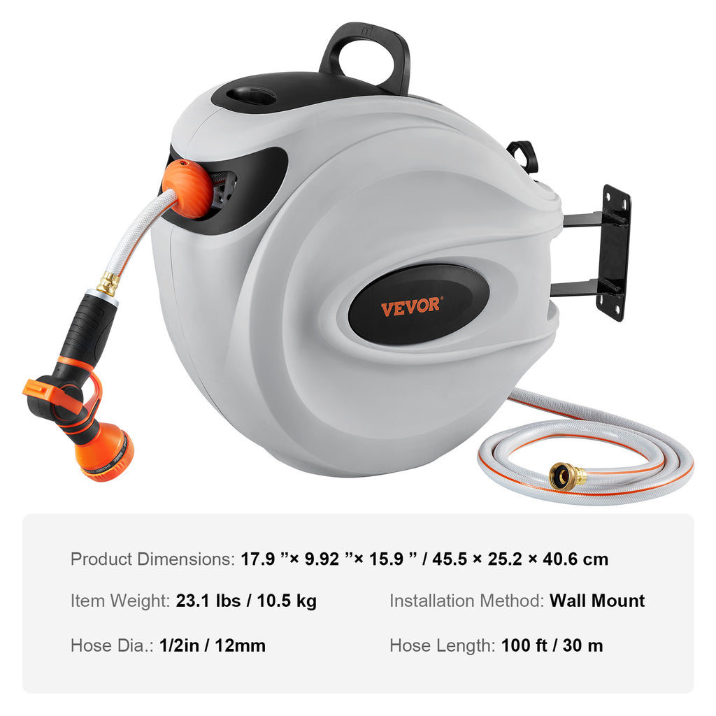 VEVOR Retractable Hose Reel – 100 ft Wall-Mounted with 9-Pattern Nozzle