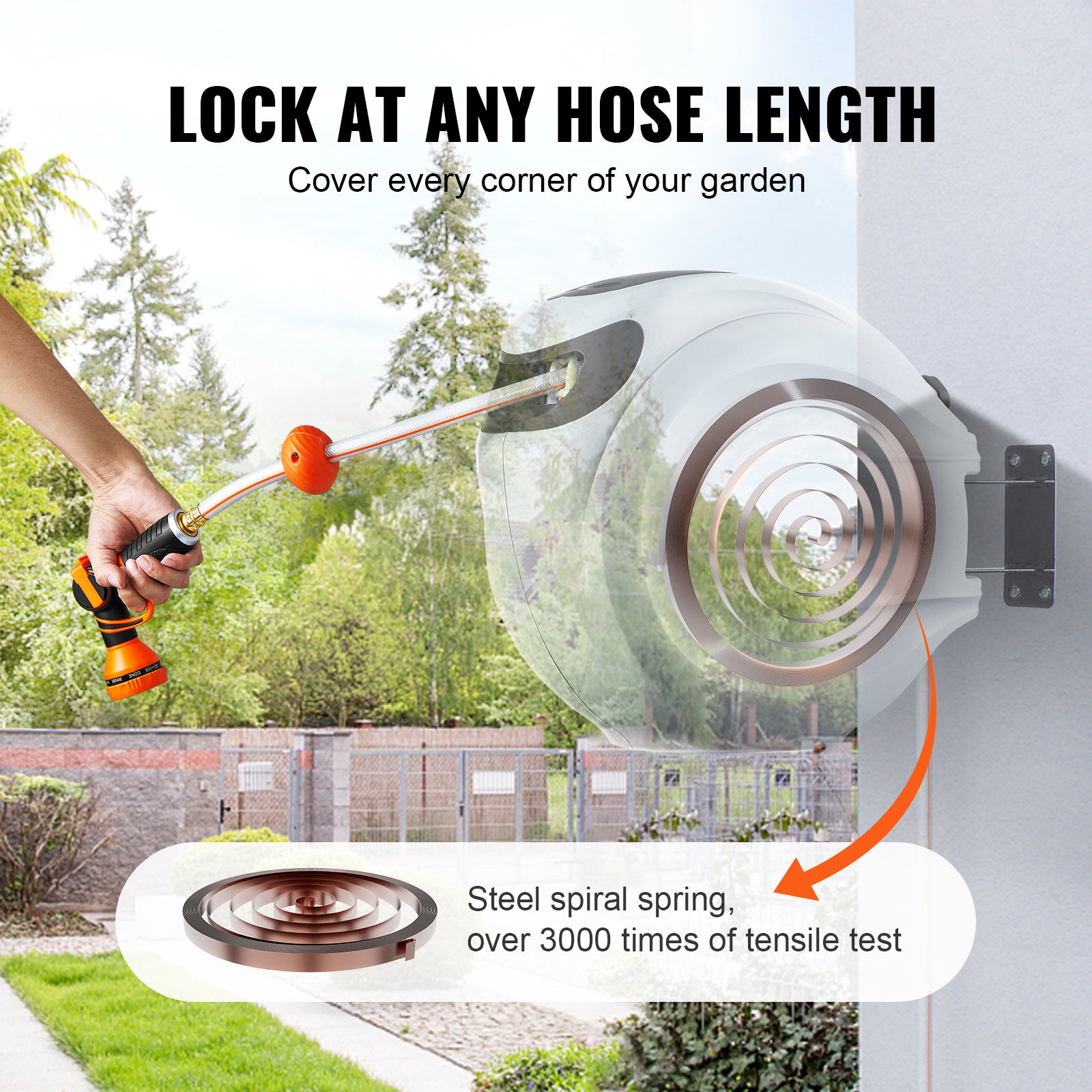 VEVOR Retractable Hose Reel – 100 ft Wall-Mounted with 9-Pattern Nozzle